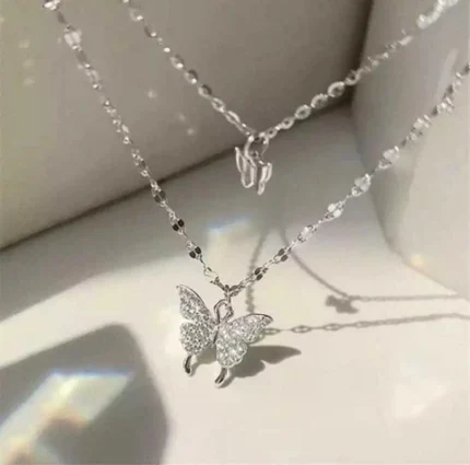 Double Layered Butterfly Pendant Necklace with Rhinestones